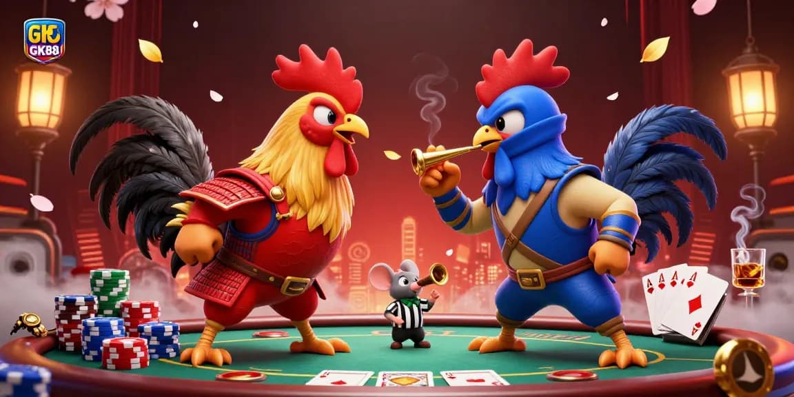 High-stakes poker showdown featuring GK88's dynamic rooster characters amidst chips and cards.