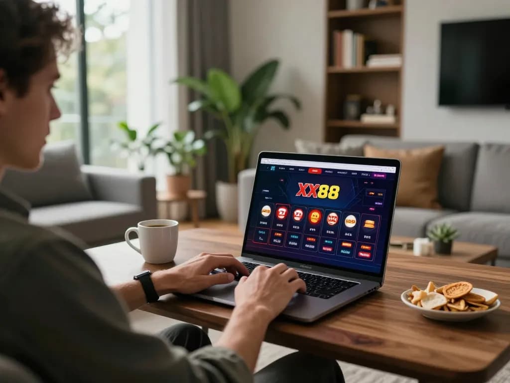 Person engaging with XX88 online casino on a laptop, highlighting a strategic gaming atmosphere