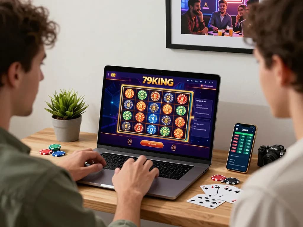 Engaging online gambling experience with 79KING platform, showcasing vibrant game interface and cozy home setting.