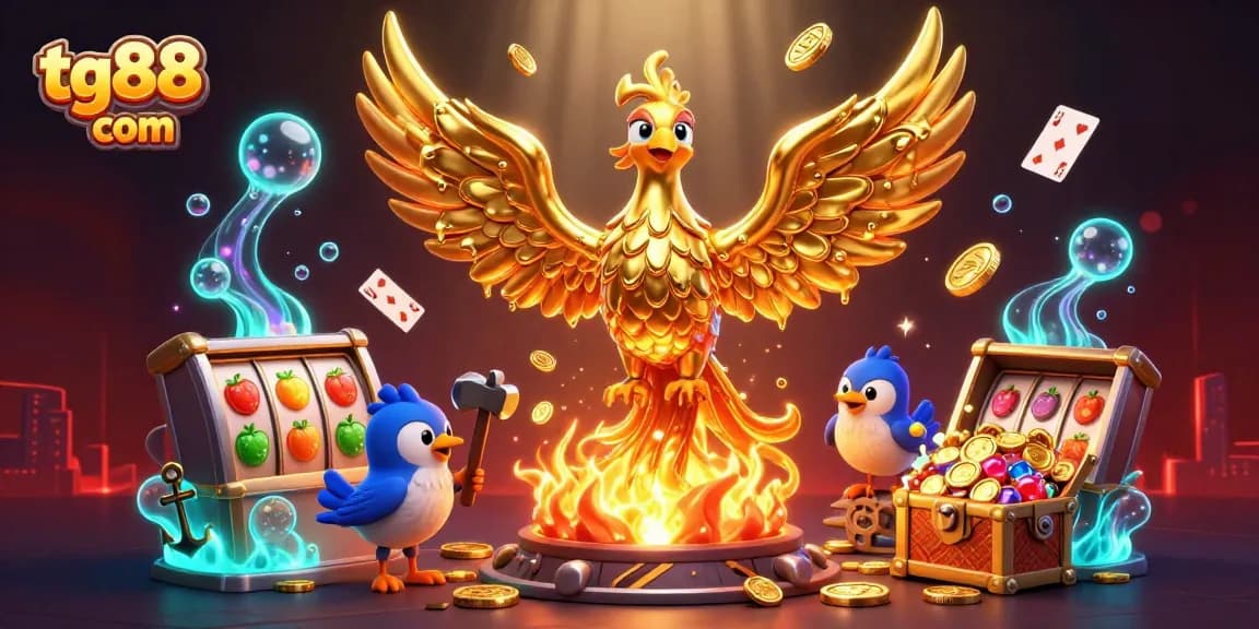 Experience the excitement of gaming at tg88 com with golden phoenix soaring among vibrant slot elements.