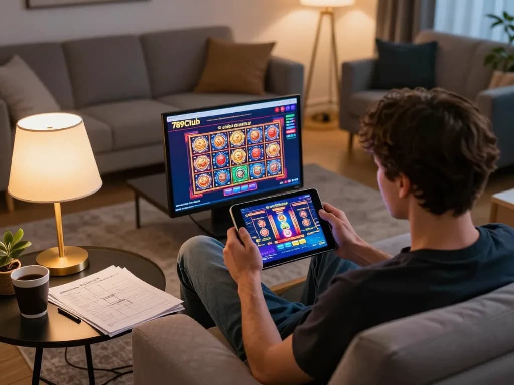 Player enjoying vibrant slot games on 789Club, showcasing a cozy online gambling atmosphere.