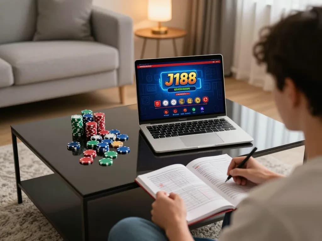 Player immersing in J188 online casino gaming with laptop displaying betting strategies
