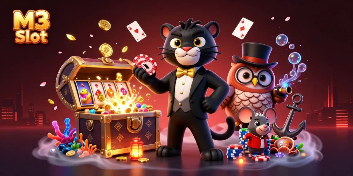 Experience the excitement of M3 Slot with a vibrant casino scene featuring colorful characters and game elements.