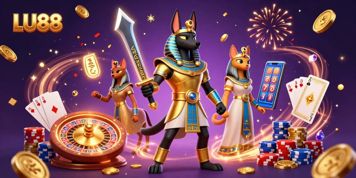 Experience the thrill of winning big at LU88 with Anubis and Bastet amid gold coins and roulette.