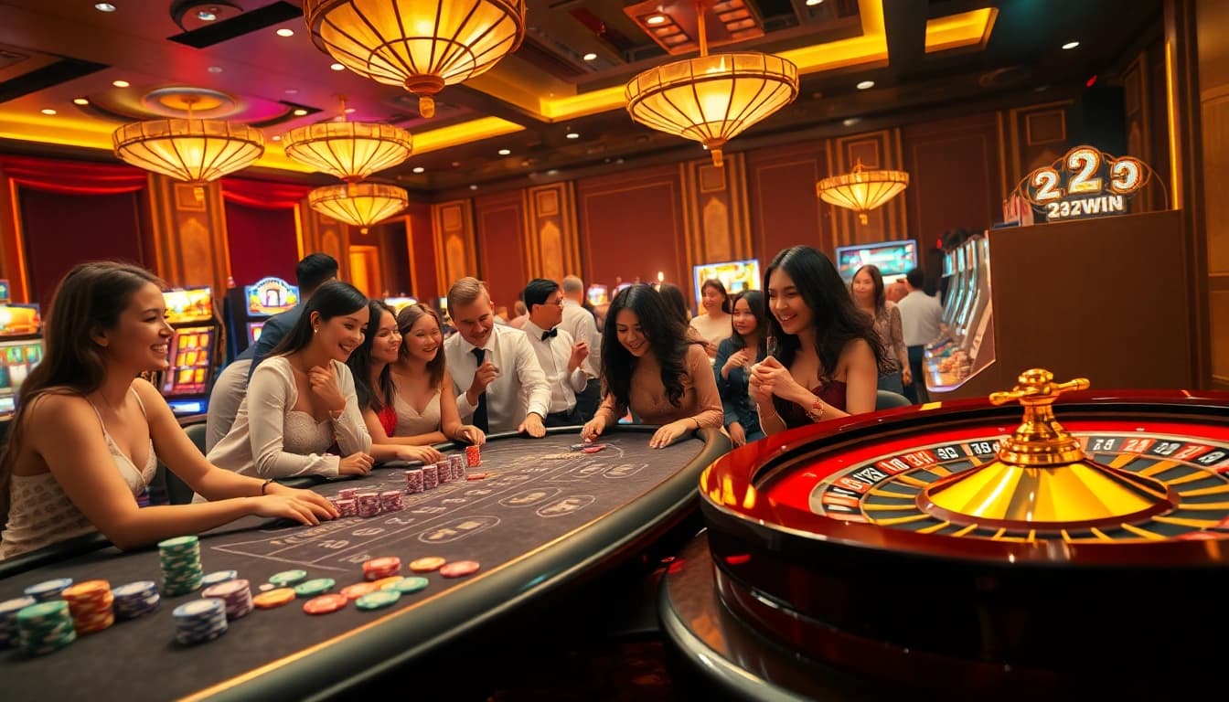 Exciting gambling action at 23win casino showcasing vibrant tables, slot machines, and thrilled players.