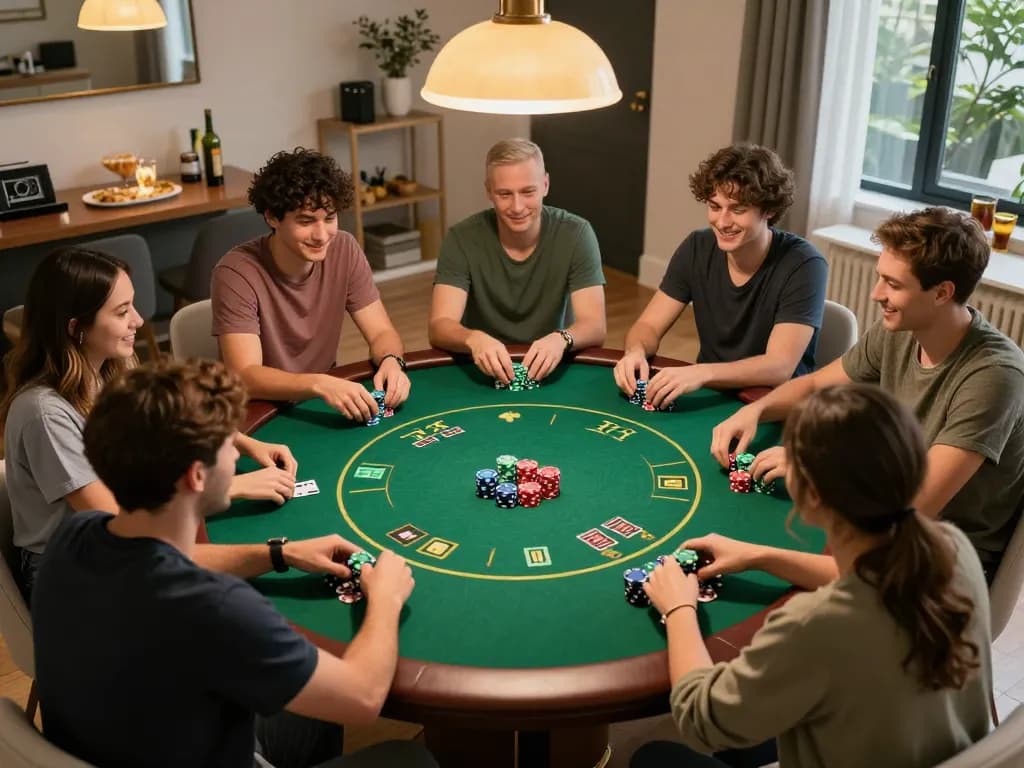 UU88 friends enjoying poker night at home, stacks of chips and cards showcasing dynamic play.