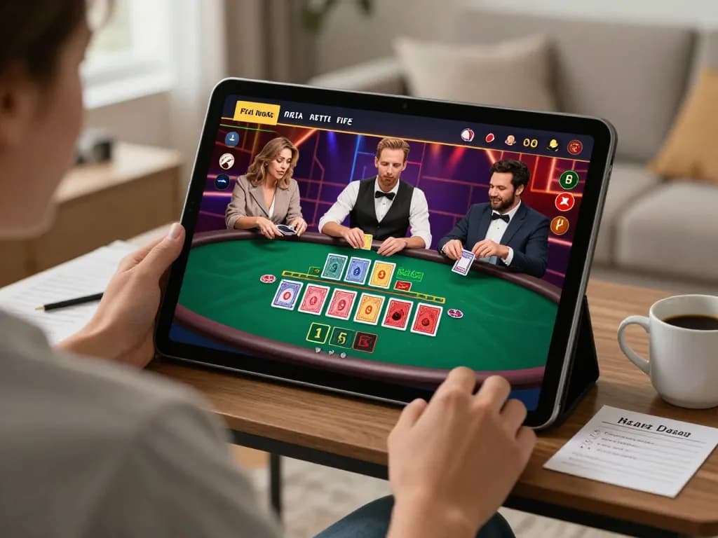 1u888com live dealer blackjack game on tablet showcasing strategic betting during home gaming session.