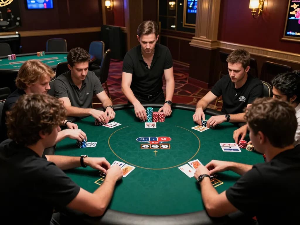 LINK XO88 highlights a thrilling poker game at a luxurious casino table with focused players and vibrant atmosphere.
