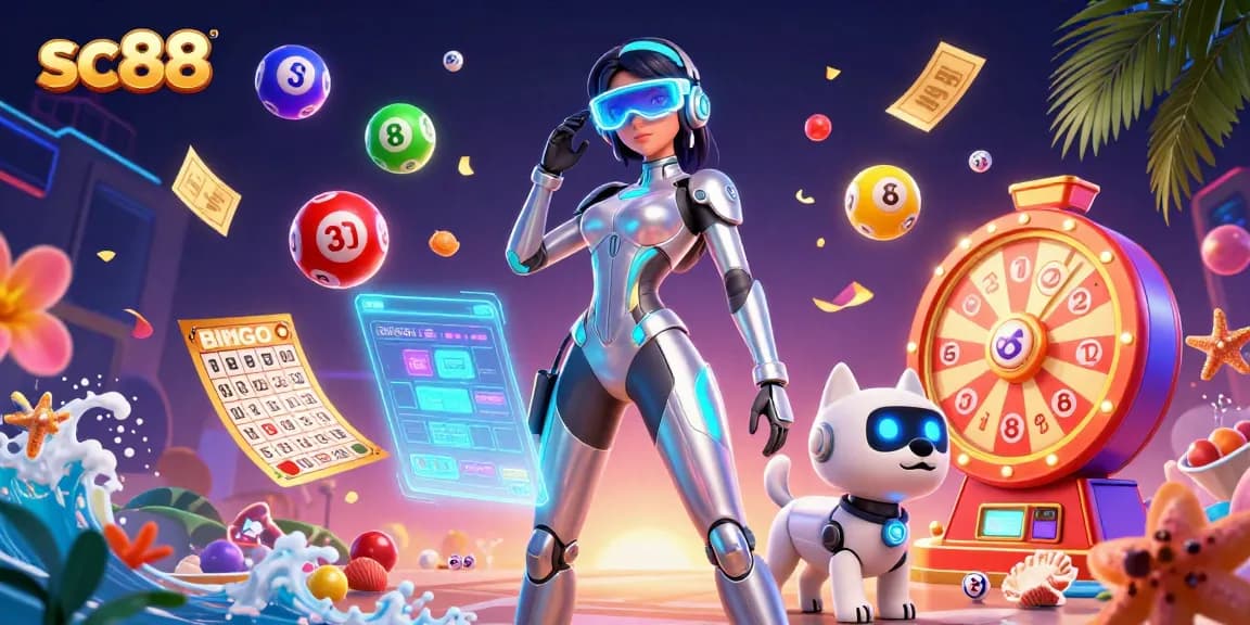 Experience the excitement of sc88 with a vibrant 3D casino scene featuring colorful lottery elements and futuristic characters.
