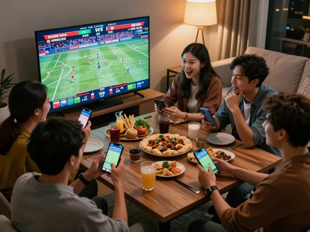 Friends engaging in exciting sports betting with TIP88 on mobile apps during game night
