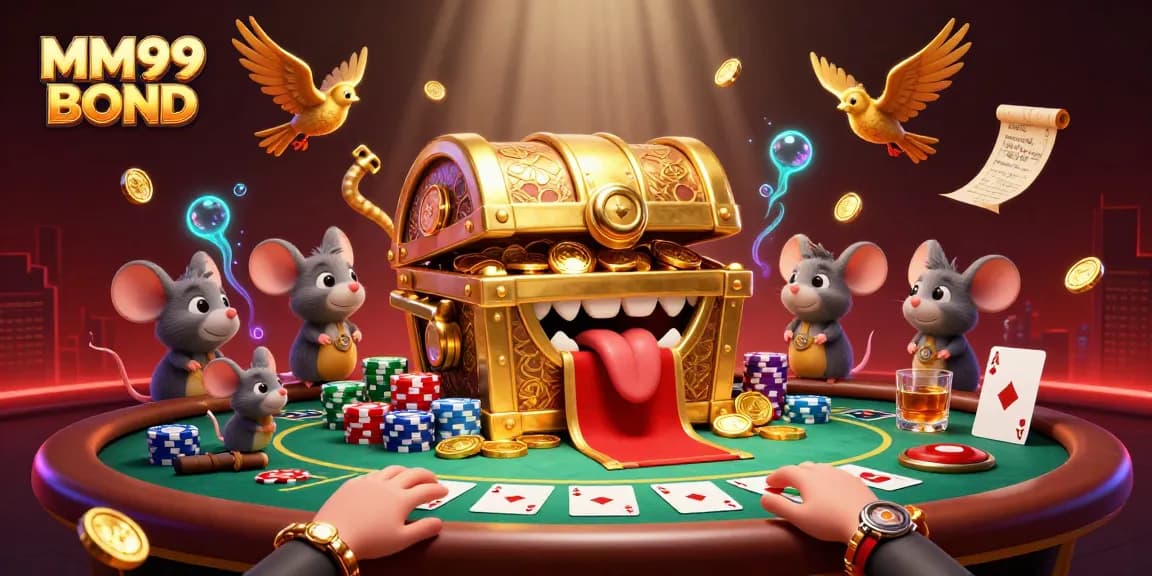 Experience the excitement of MM99 BOND as adventurer mice are lured to a golden treasure chest in a vibrant casino scene.