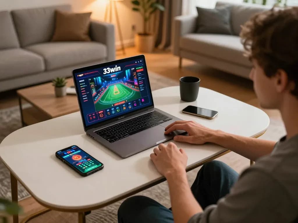 Engaging with 33win's online casino on a stylish gaming setup, showcasing strategic play and comfort.