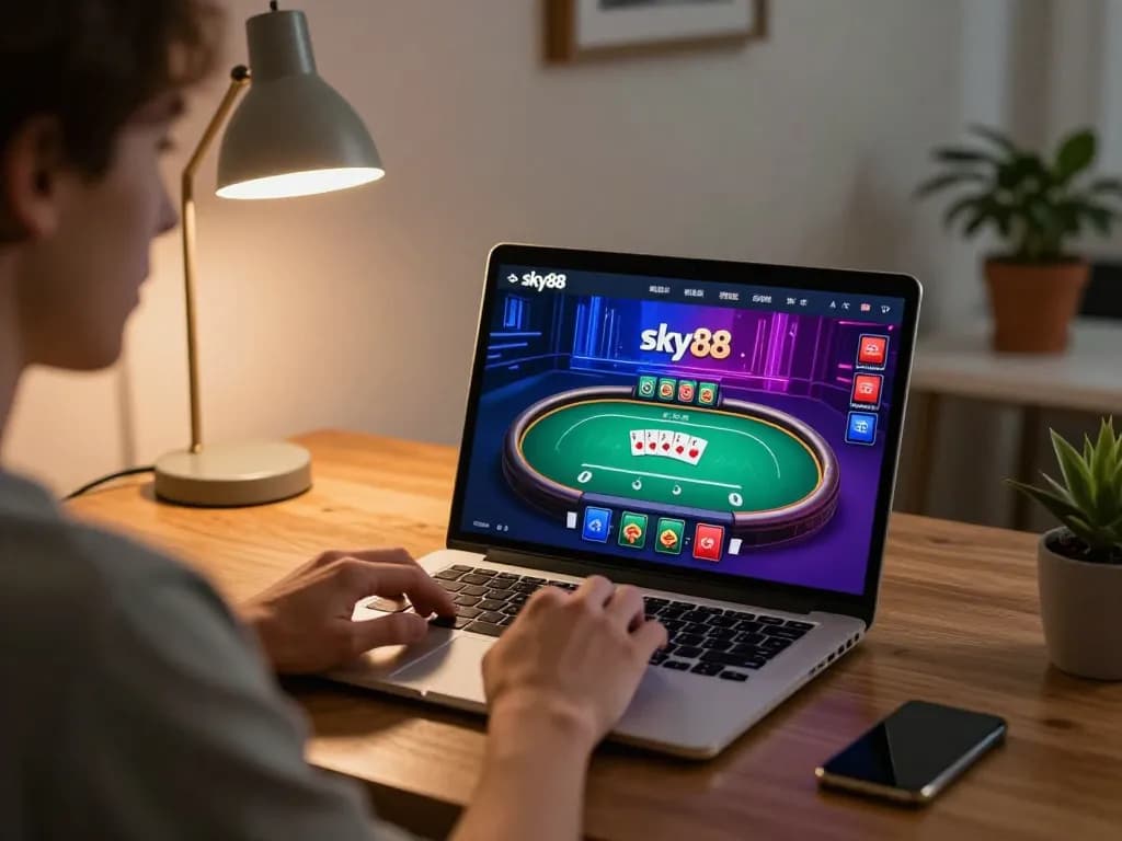 Sky88 user engaging in online poker gameplay with vibrant graphics and strategic focus.