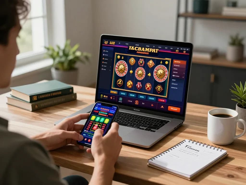 Engaging in mobile gaming on 789win8.casino with vibrant slot graphics and cozy home office setting.