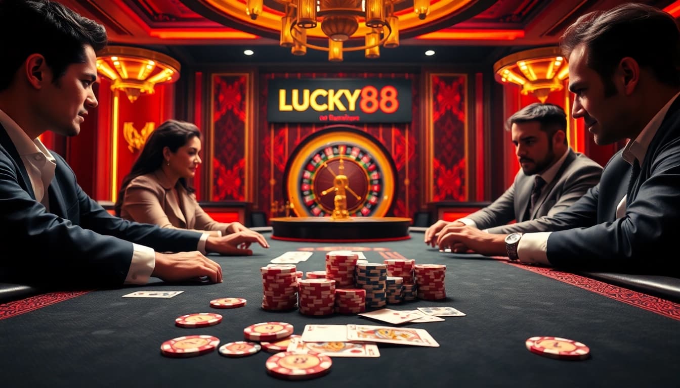 Experience high-stakes excitement with nhà cái LUCKY88 at a luxurious poker game.