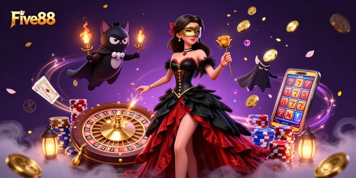 Win big with Five88 - stunning casino illustration featuring colorful game elements and a captivating scene.