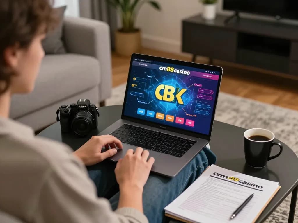 Engaging online gaming session at cm88casino on a modern laptop with cozy home elements