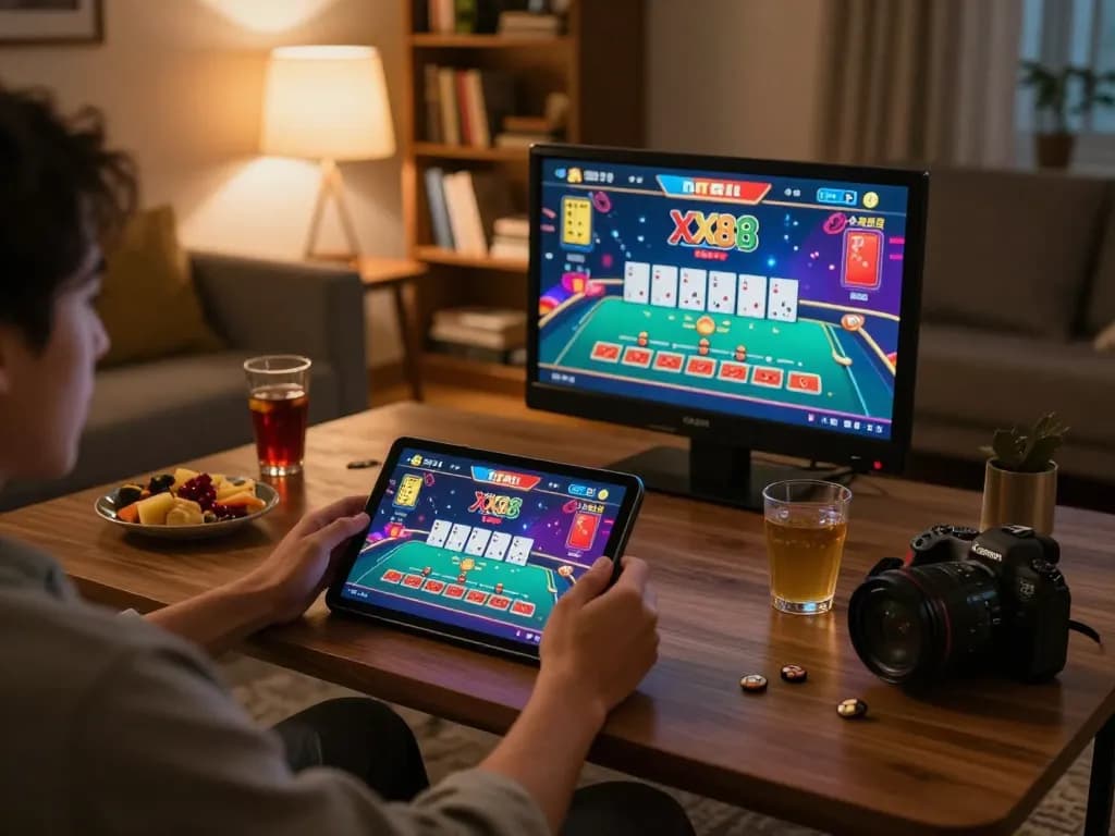Engaging with the Trang Chủ XX88 through a tablet at home, highlighting the excitement of online gambling.