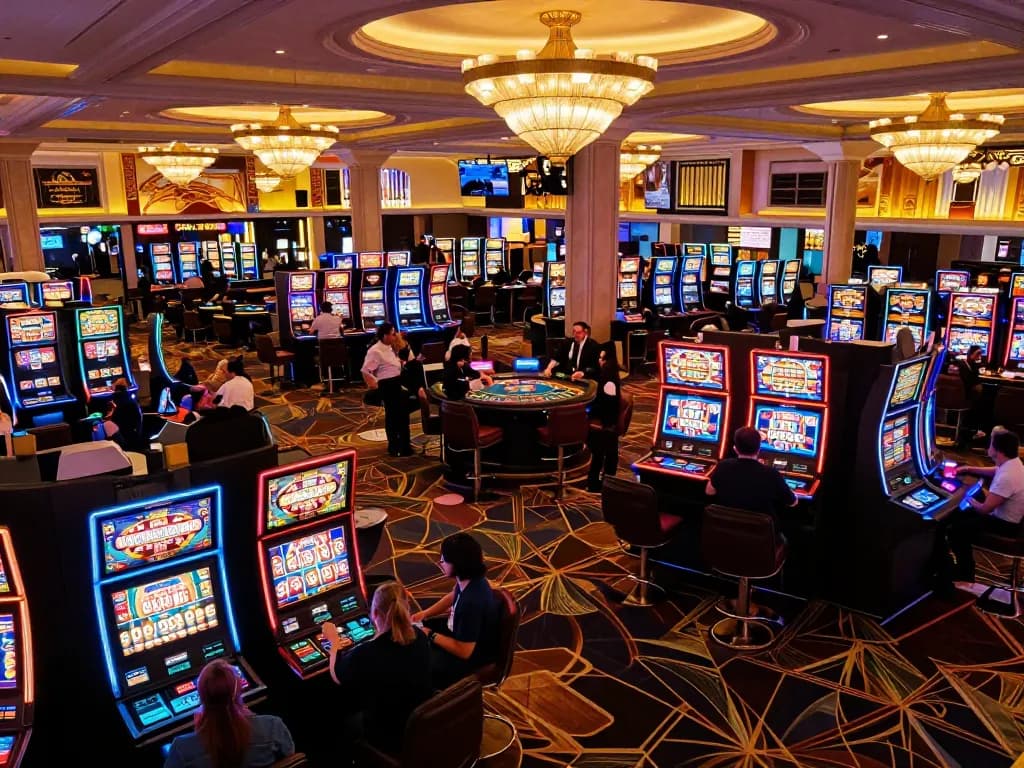 Players enjoying slot machines at TX88 casino, vibrant lights and exciting atmosphere.