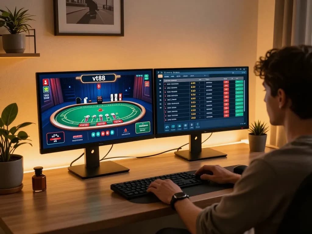 vt88 user engaging in online blackjack with dual monitors in a modern home office.