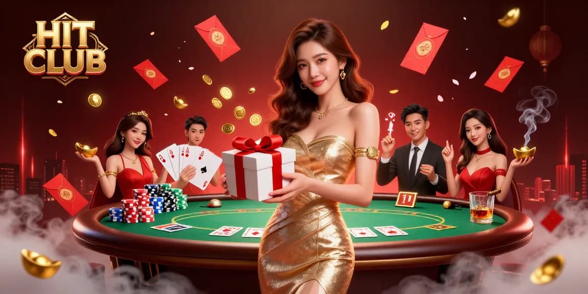 HIT CLUB showcases festive gambling excitement with a welcoming Asian woman, coins, and poker elements.
