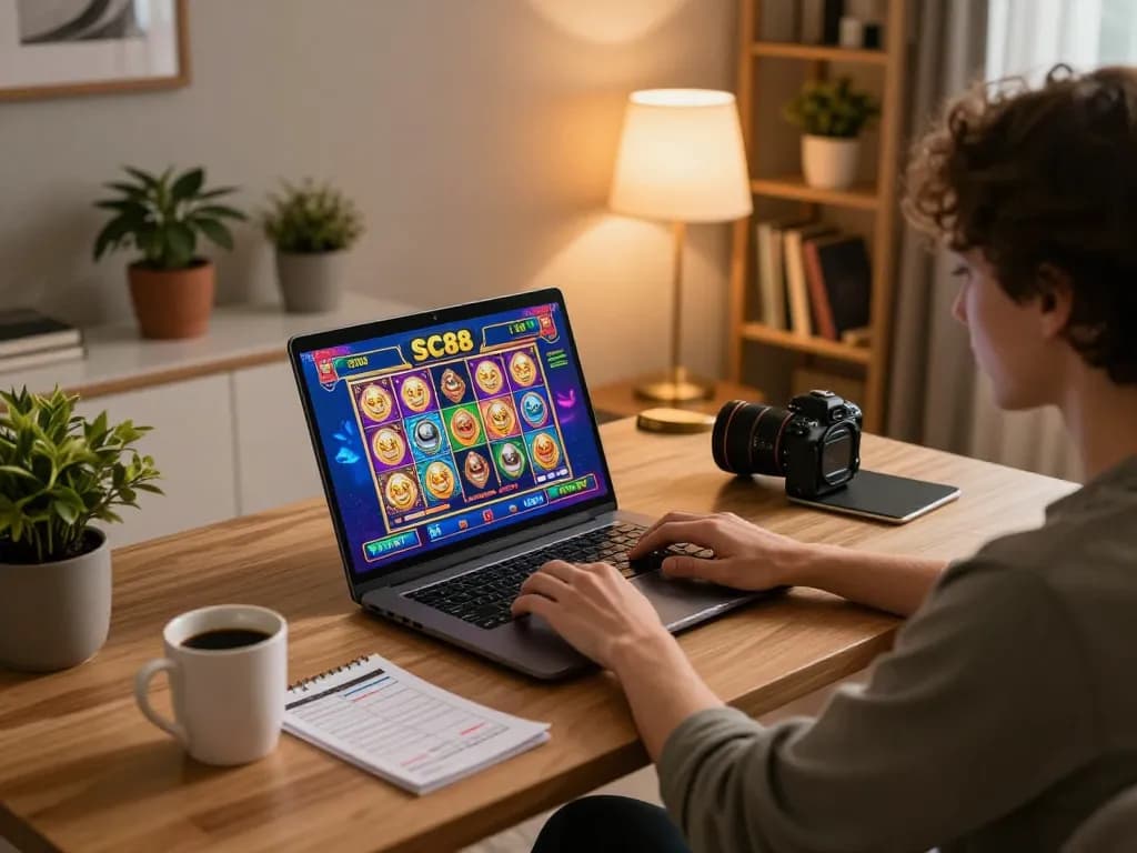 Engaging in SC88 online gaming strategy with vibrant slot visuals and cozy atmosphere