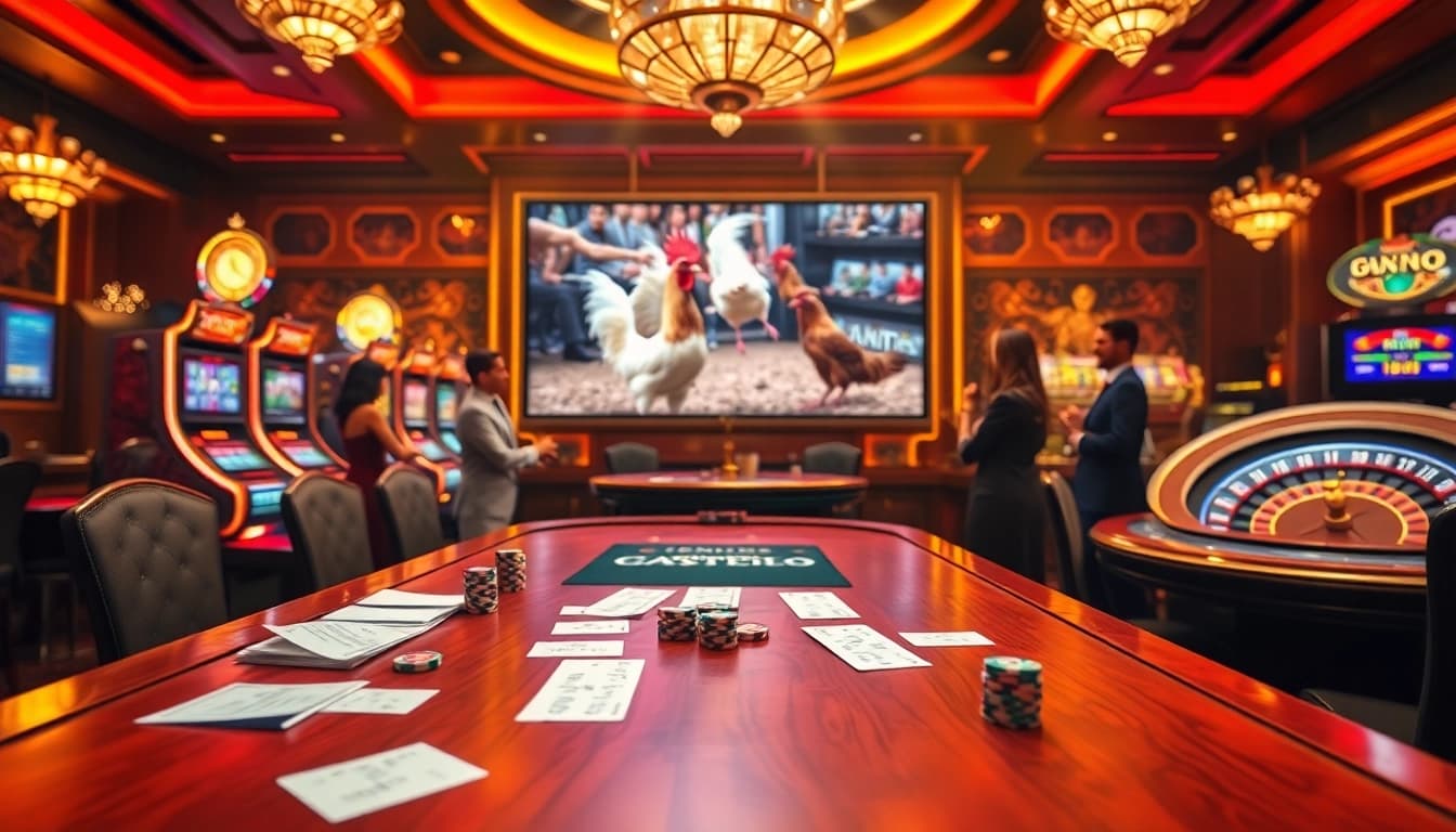 Experience bj66 đá gà with excitement as players engage in thrilling cockfighting bets at a luxurious casino.