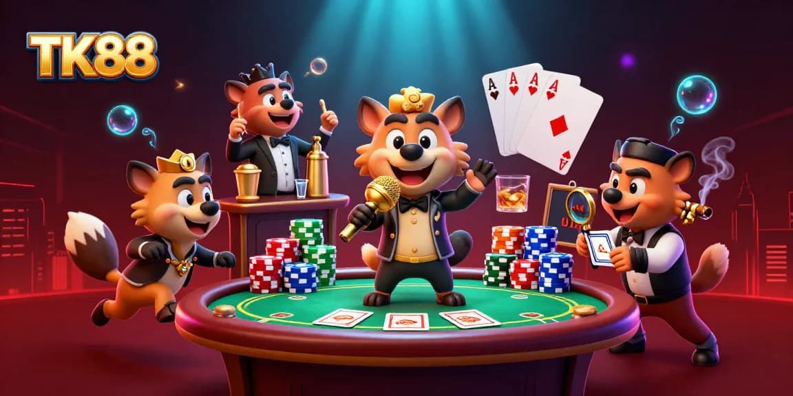 Engage with TK88 in a vibrant casino scene featuring hyenas and poker elements.