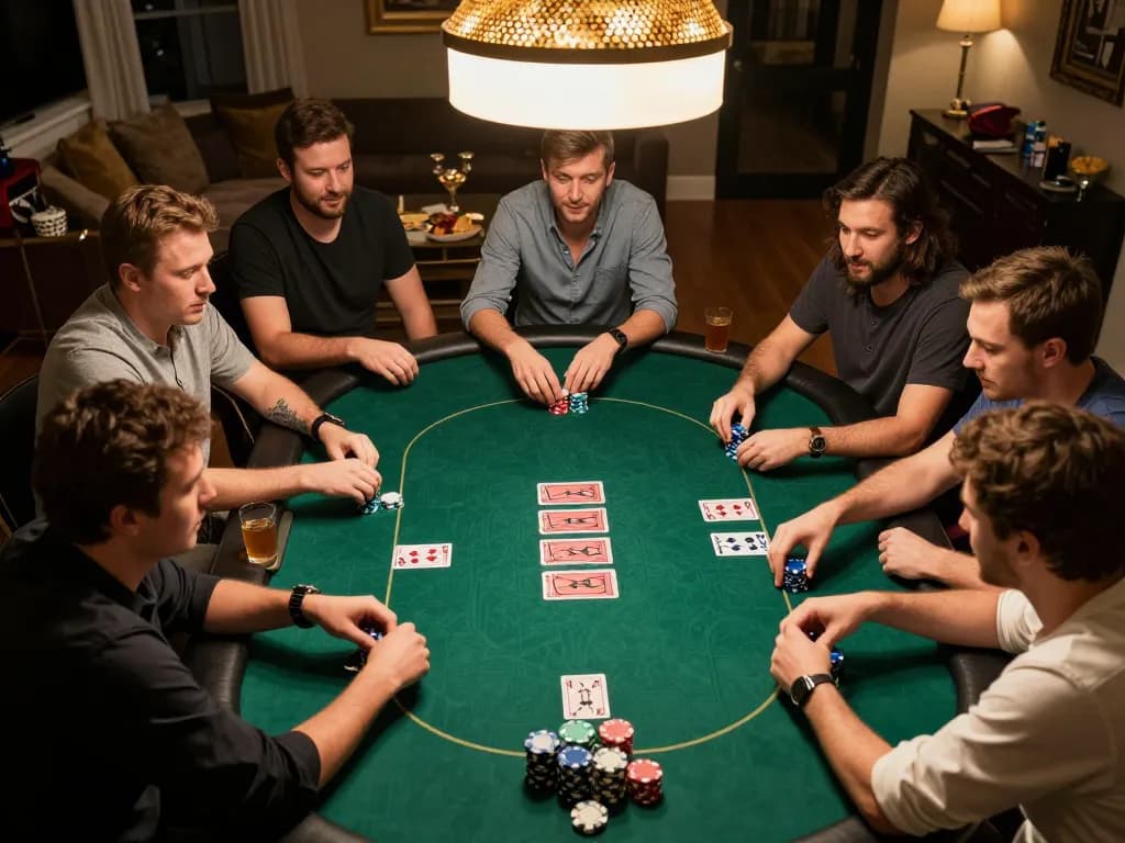 Engaging moment of Say88 đăng nhập poker game with players strategizing and showcasing their cards at a cozy home setting.