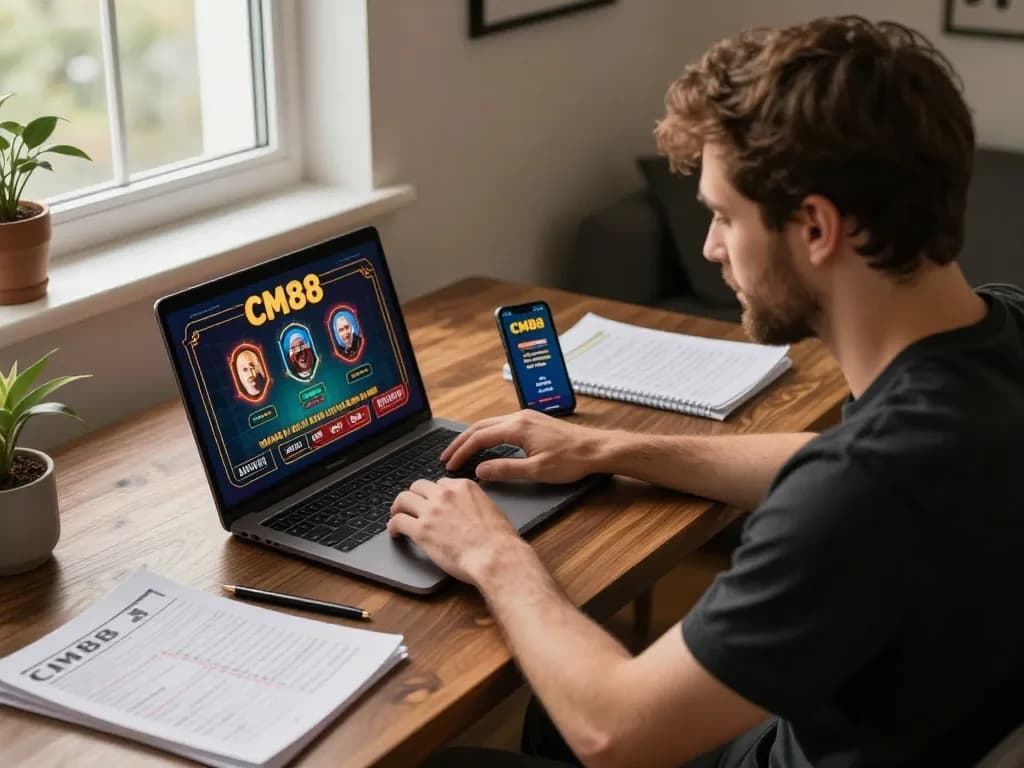 Player engaging with CM88 online casino games from a stylish home desk setup