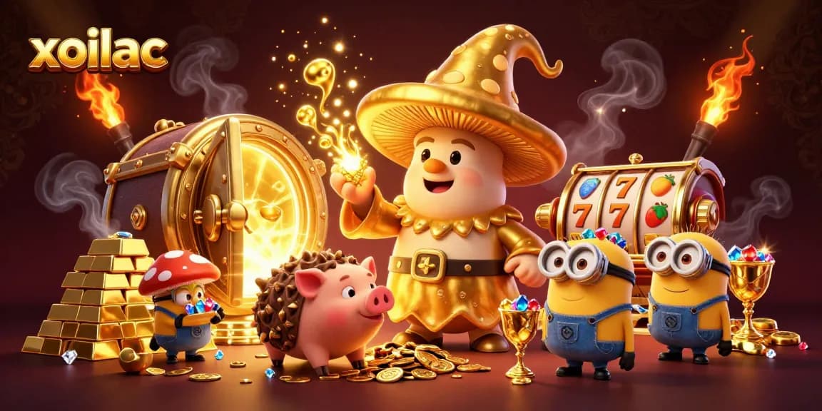 Xoilac casino illustration showcasing magical characters amidst treasure and slot games, enhancing online gaming excitement.
