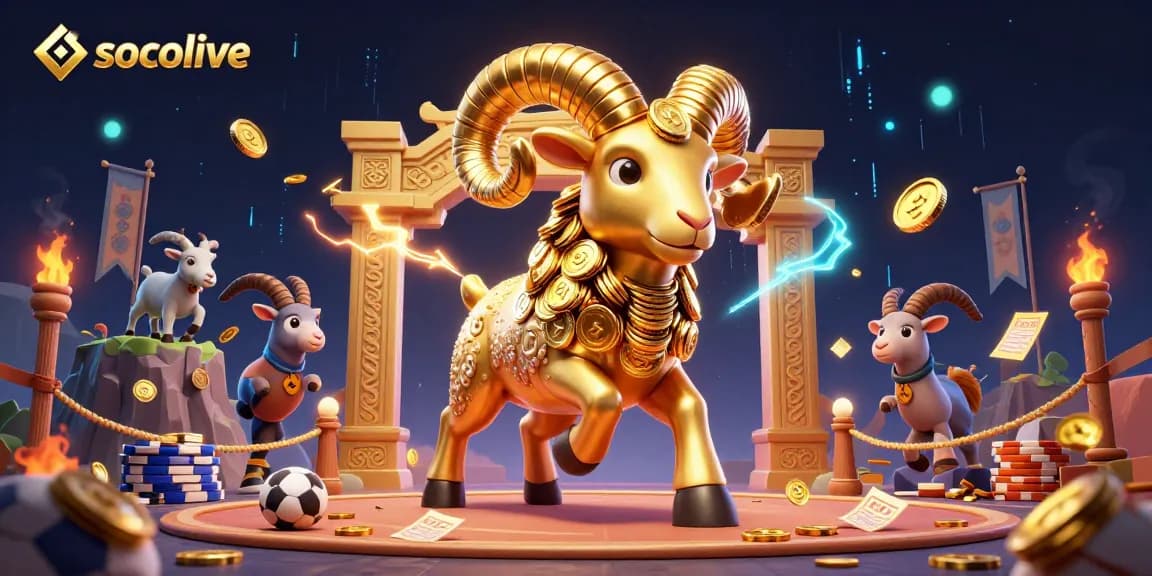 Socolive enhances betting excitement with this vibrant 3D illustration of sports elements and a golden charging ram.