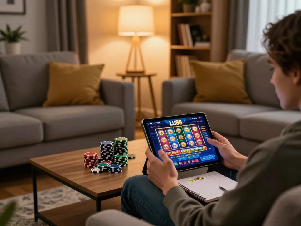 Engaging with LU88 casino app on a cozy couch, showcasing a comfortable gambling setup.