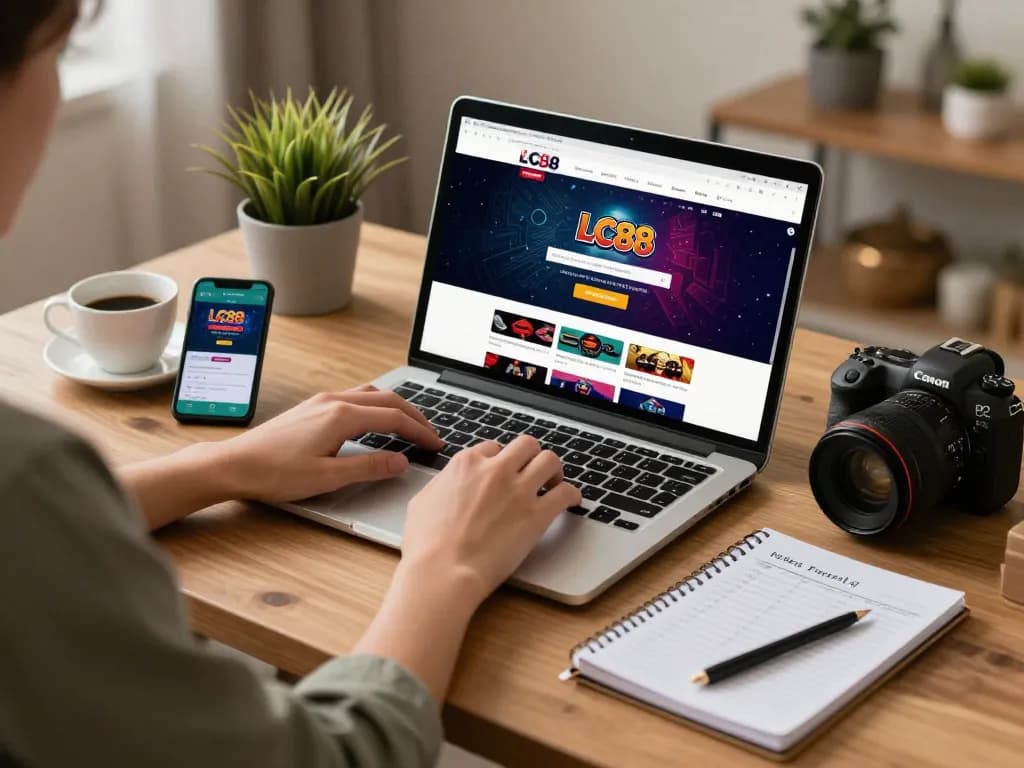 Engaged player using the LC88 platform on a laptop for online betting, showcasing a strategic approach to gambling.