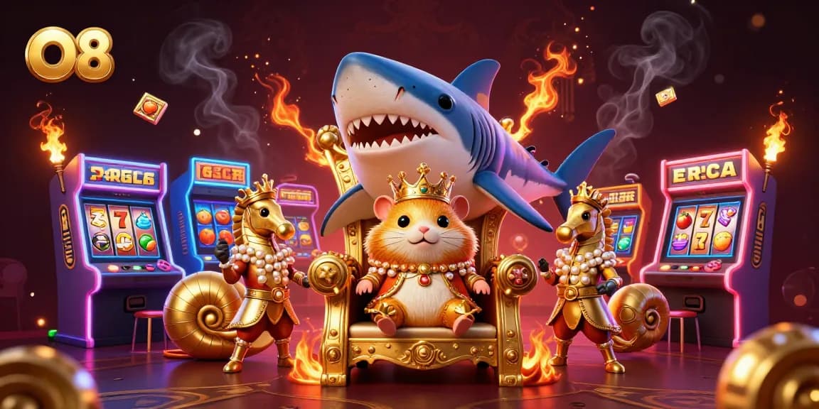 Engaging O8 casino scene with a golden hamster king and colorful slot game elements.