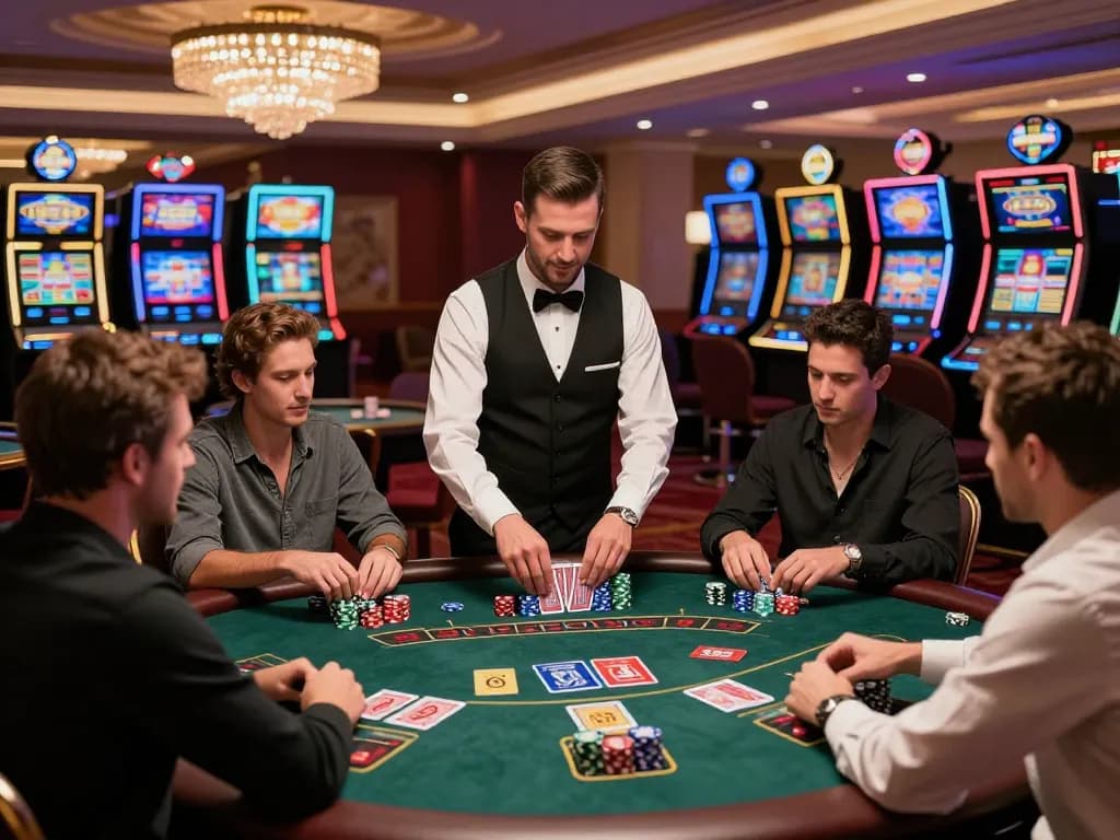 Players enjoying an exciting game of blackjack at qq8827 casino table, high-stakes action with vibrant atmosphere.