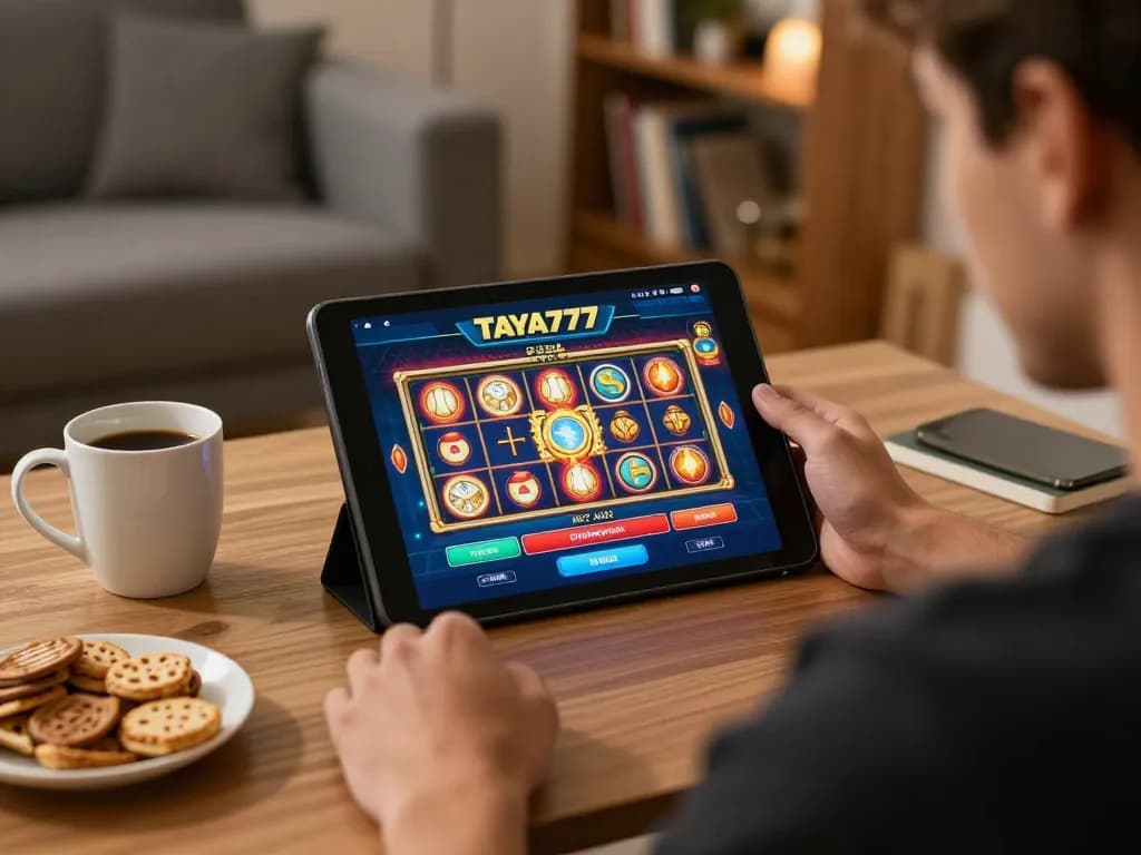 TAYA777 player enjoying thrilling online slots on tablet in cozy home setup with warm lighting