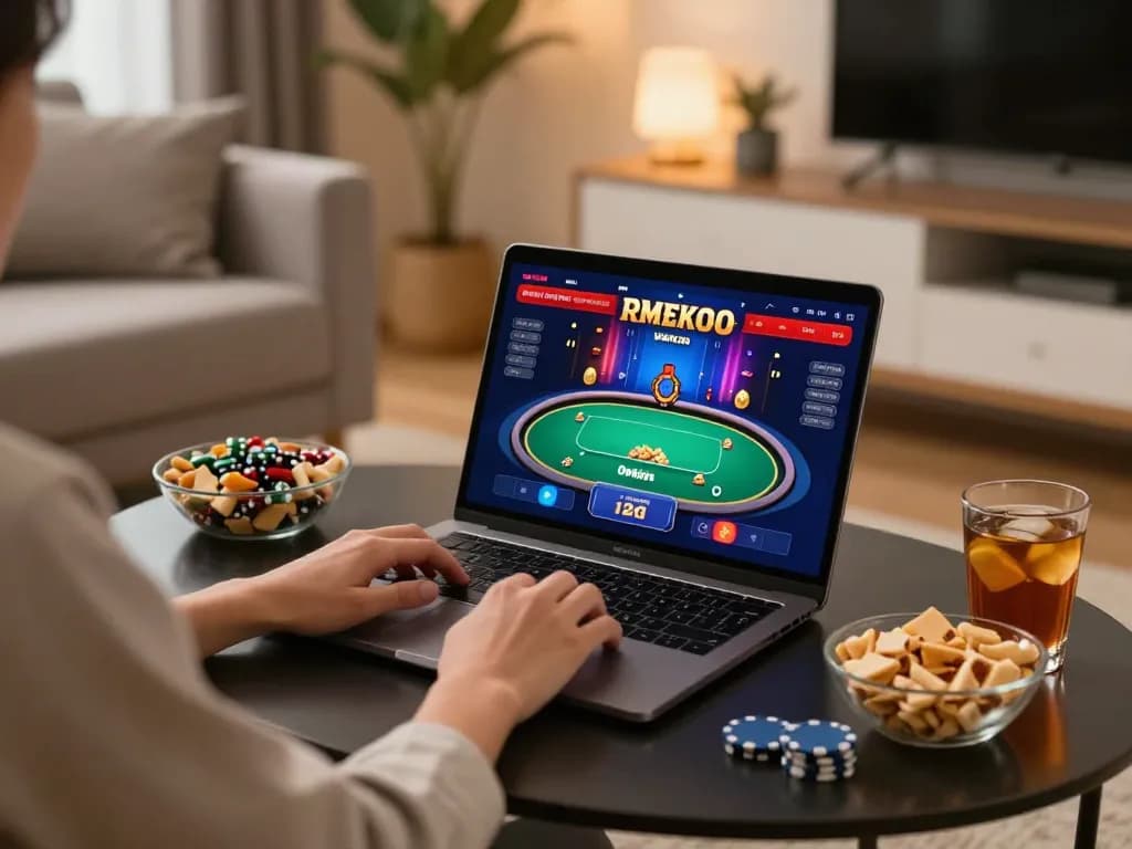 Engaged player at https://ok8386.autos/ enjoying online poker in a cozy living room with snacks.