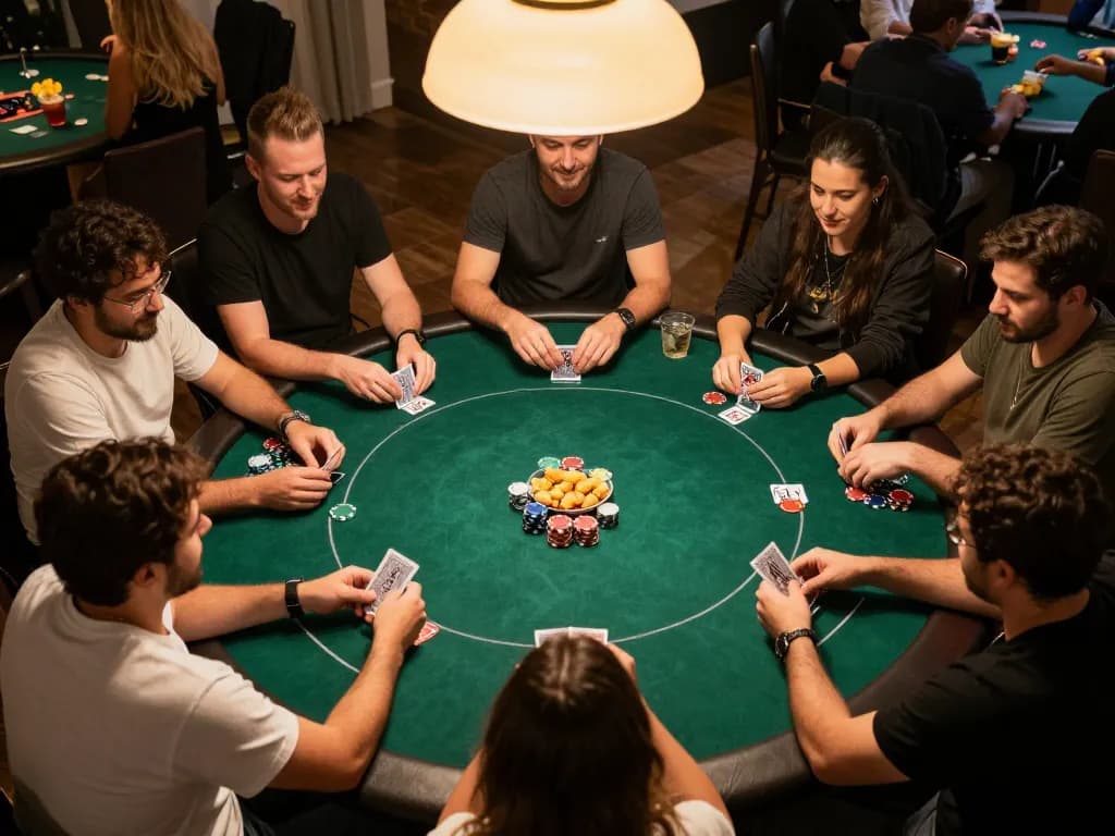 Players enjoy an intense poker game at home, showcasing chips and cards in action, all while focusing on the keyword Da88
