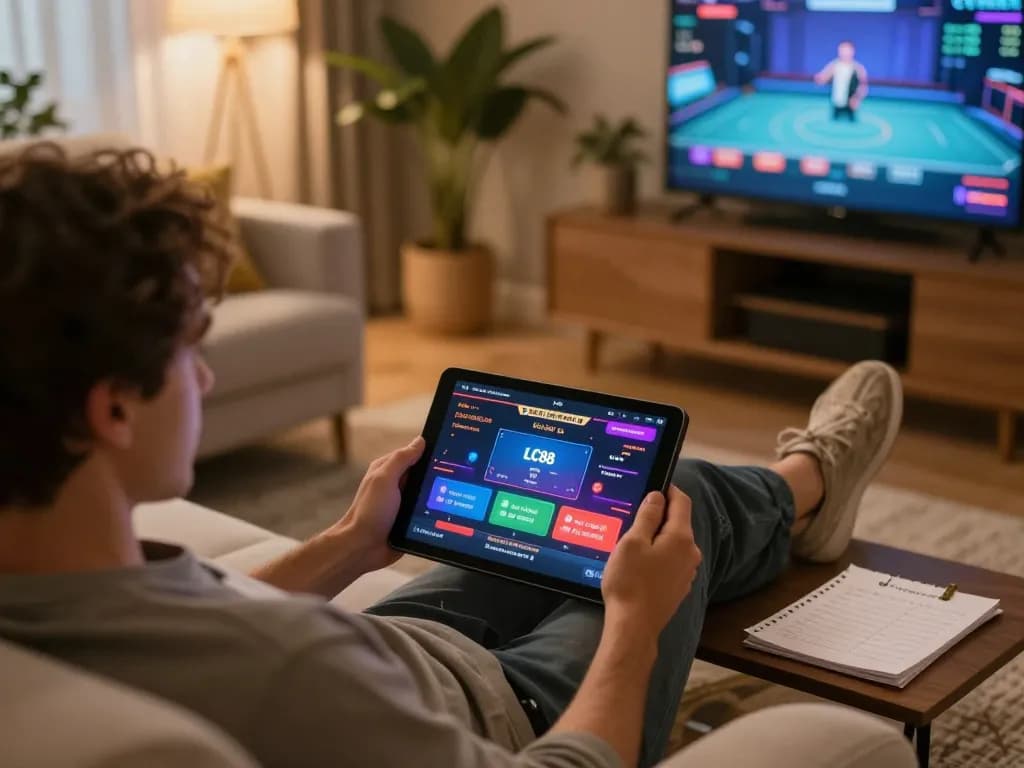 Engaging online gaming experience on trang chủ lc88 with strategic notes and tablet in cozy setting