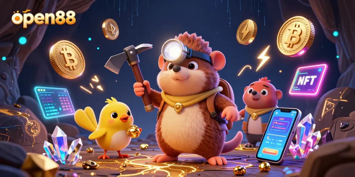 Experience open88 with a vibrant scene of treasure hunting, crypto coins, and casino fun.
