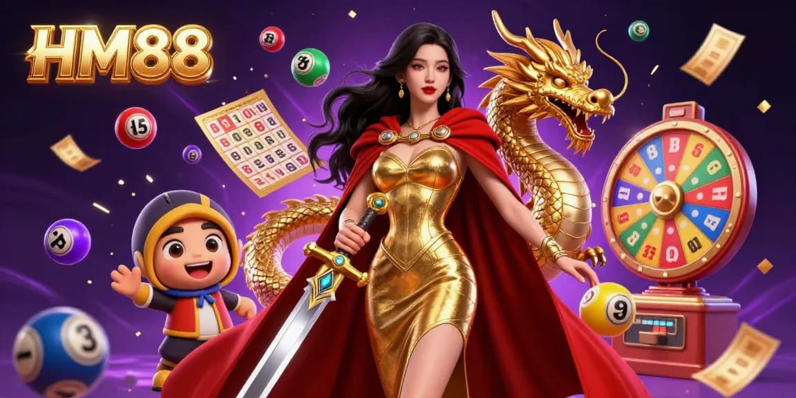 Engage with HM88’s thrilling lottery balls and vibrant gaming elements in an energetic casino scene.