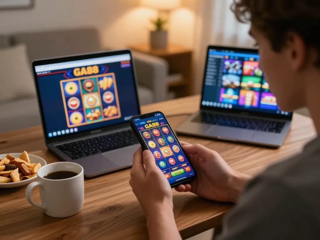 Player enjoying GA88 slot machine game on smartphone in cozy home setting, emphasizing relaxed mobile gambling.