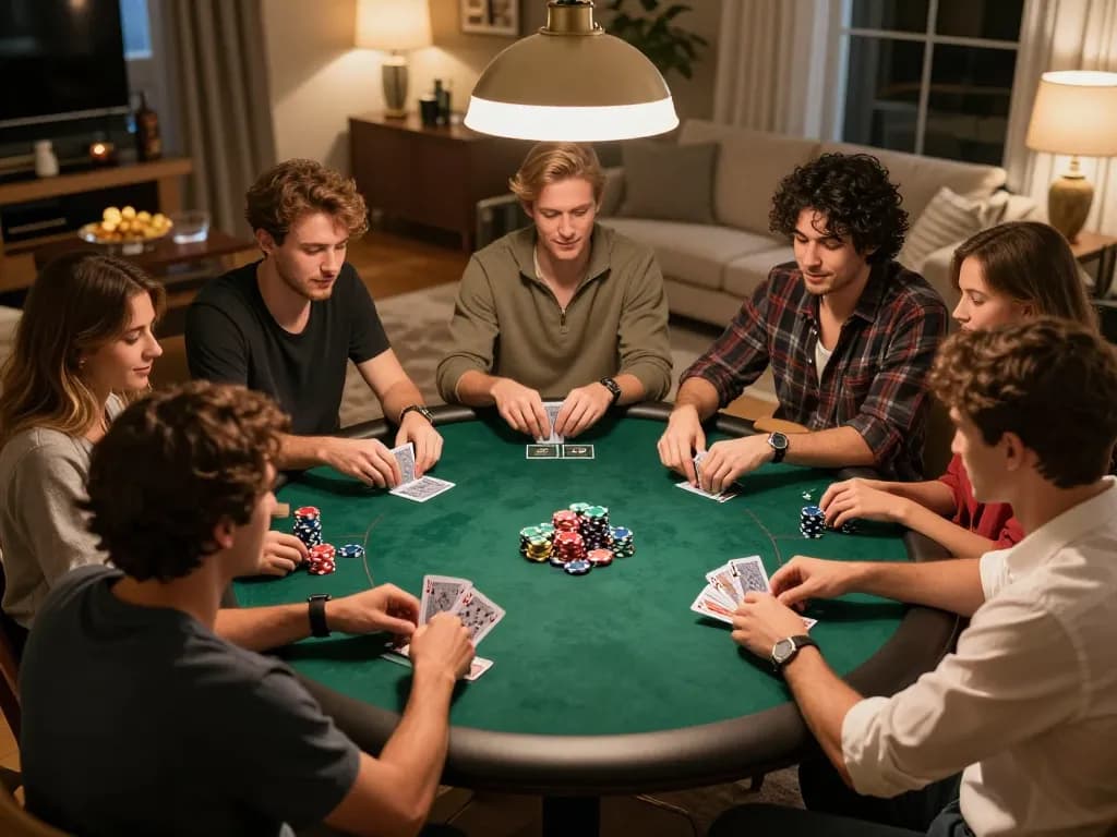Friends enjoying a friendly poker night at home, showcasing s666 gameplay with vibrant chips and cards.