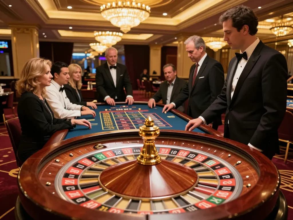 Exciting roulette gameplay at a luxurious casino featuring go 8, players engaged in betting and anticipation.
