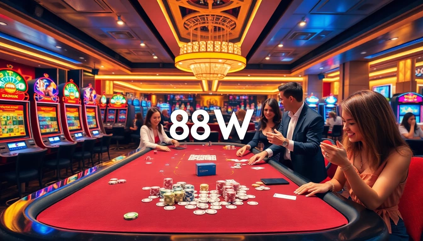 88VV players celebrating big wins at a luxurious casino with vibrant slot machines and elegant gaming tables.