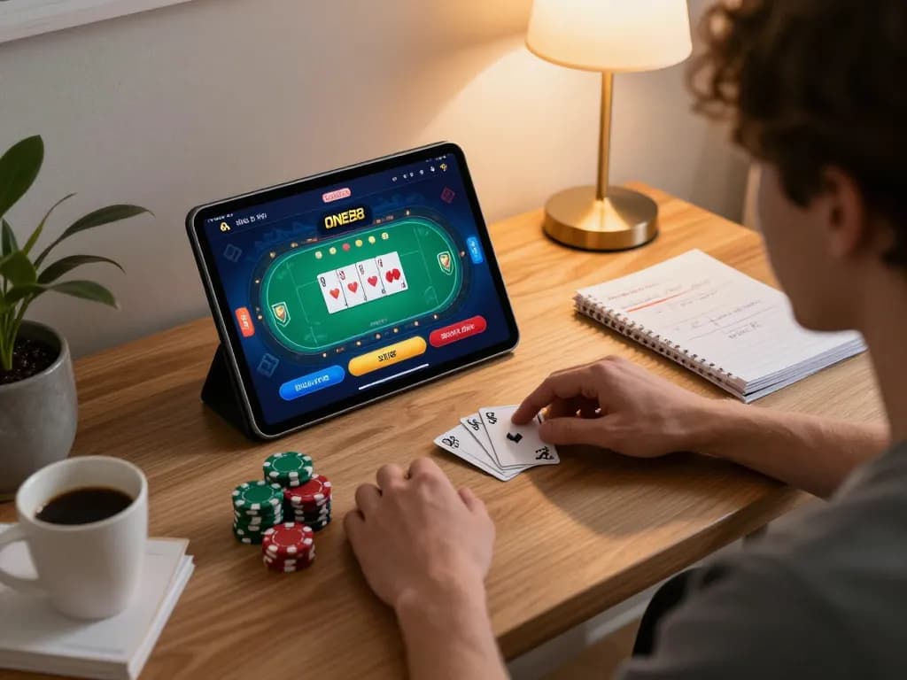 Player enjoying ONE88 casino app on tablet, displaying winning poker hand in cozy home setting