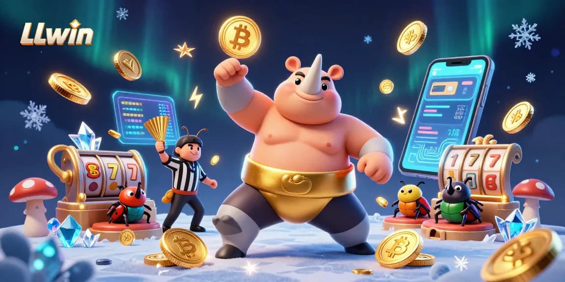 LLwin gaming scene featuring a dynamic sumo beetle champion surrounded by vibrant crypto elements, slot machines, and golden coins.