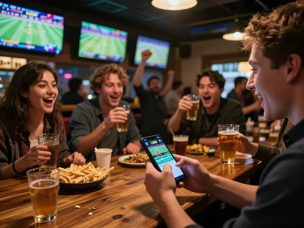 Place bets using LU88 app in a vibrant sports bar filled with excitement.