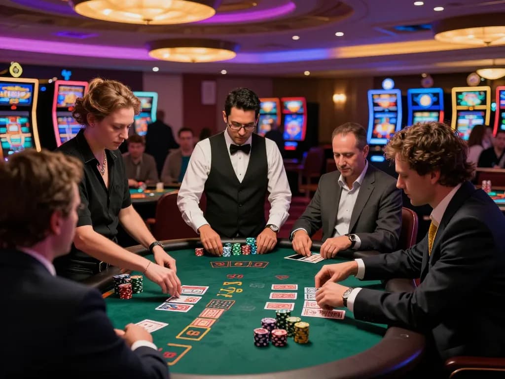 ONE88 players engaging in intense blackjack action with stacked chips at vibrant casino tables.